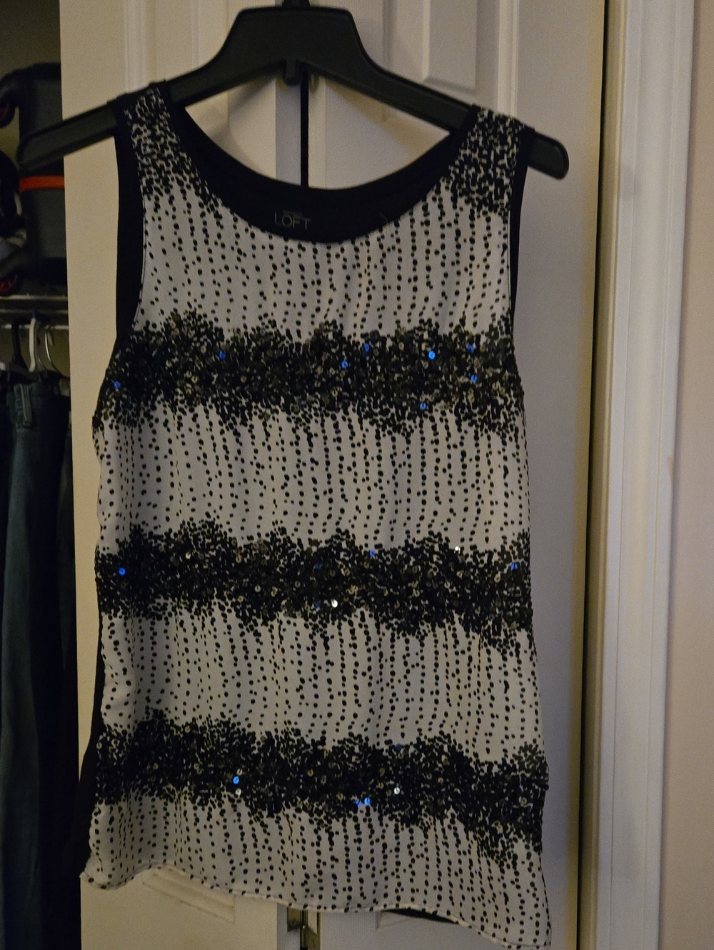 LOFT Black and White Beaded Sleeveless Shell
